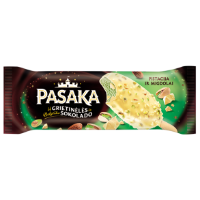 Pistasjiskrem dyppet i belgisk hvit sjokolade med pistasj og mandelbiter 