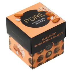 Mrk sjokoladetrfler med marsipankremfyll og spr amarettikjeksdekor PURE 96g