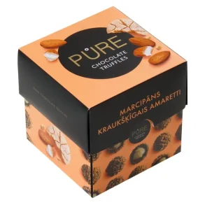 Mrk sjokoladetrfler med marsipankremfyll og spr amarettikjeksdekor PURE 96g