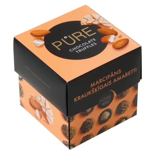 Mrk sjokoladetrfler med marsipankremfyll og spr amarettikjeksdekor PURE 96g