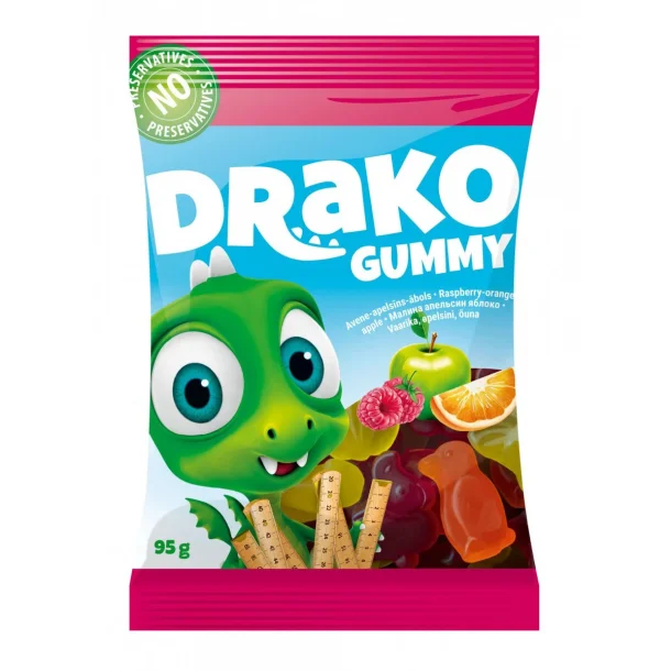 "DRAKO" juice godteri Bringebær, Appelsin og Eple Laima, 95g