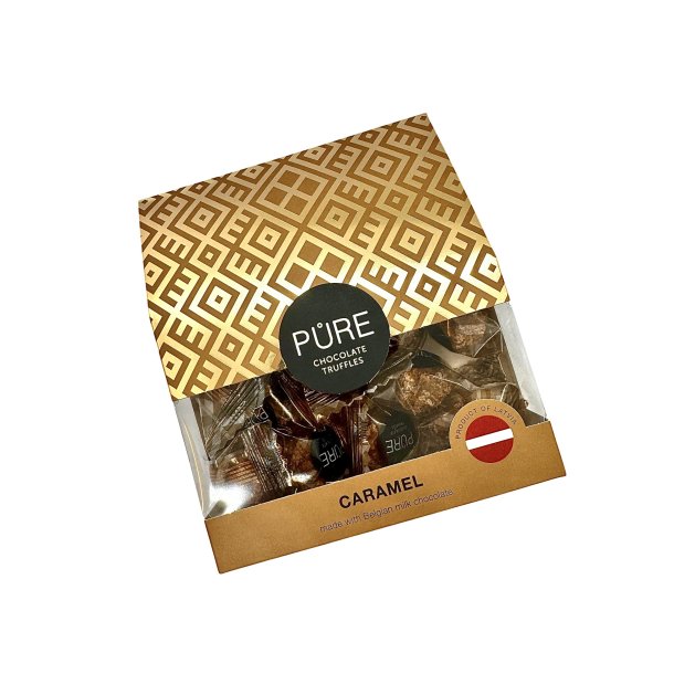 Melkesjokoladetrfler med karamellfyll og vaffeldekor PURE 100g