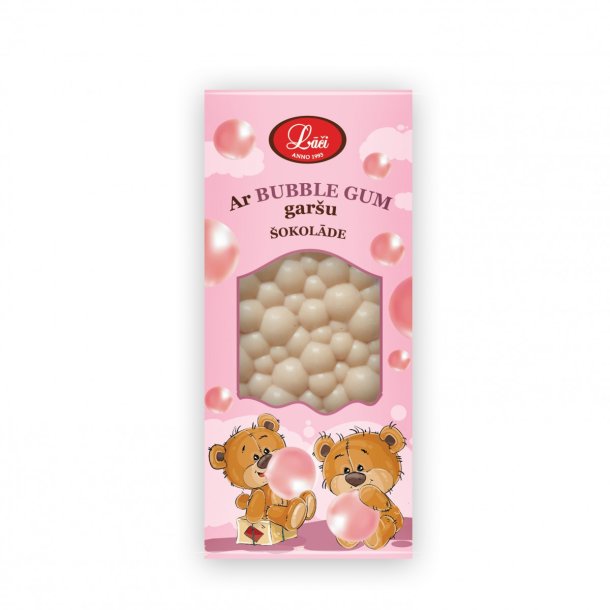 Håndlaget Hvit sjokoladebar med Bubble gum-smak LACI 80g
